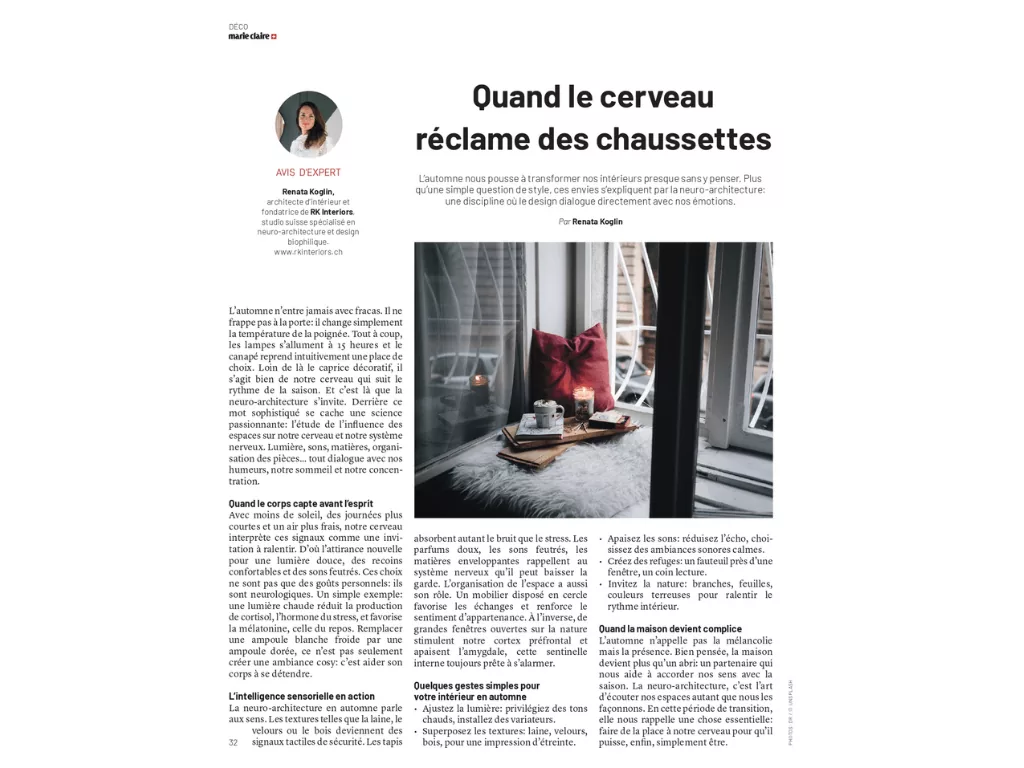 Marie Claire – Interior Design: When the Brain Calls for Autumnal Comfort
