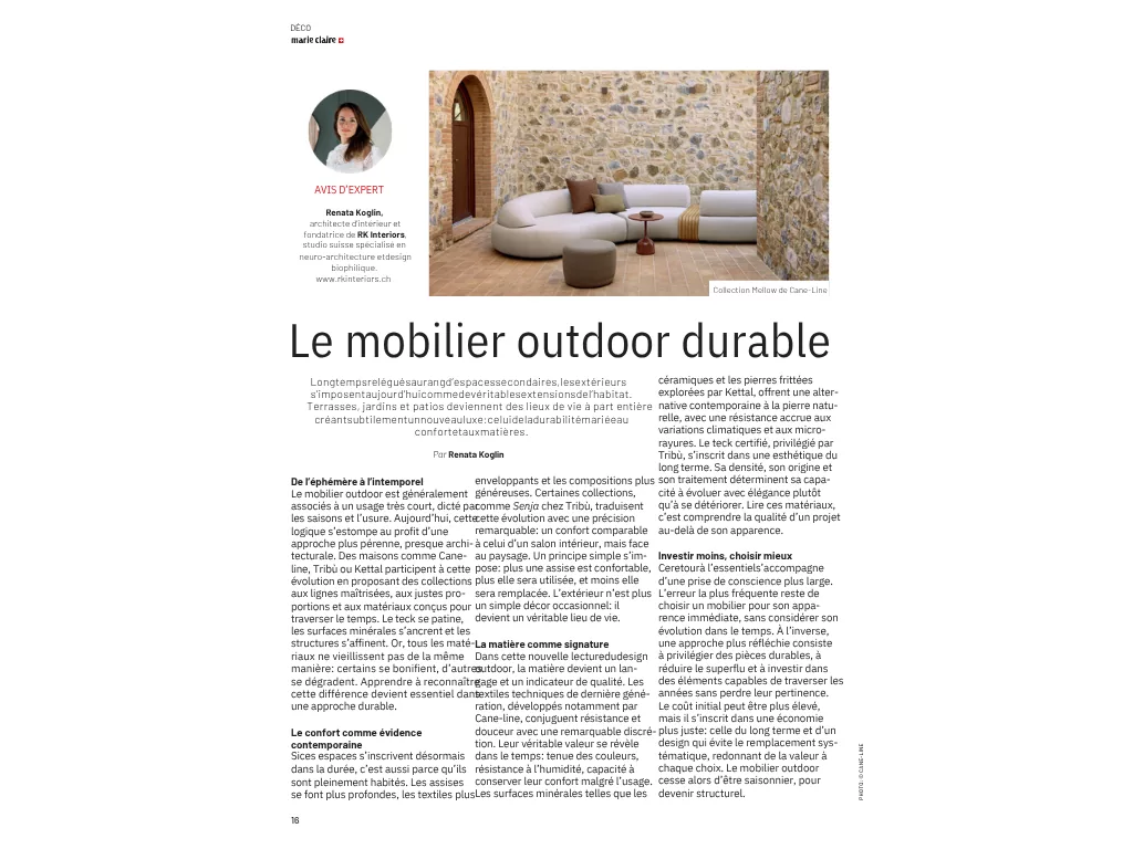 Marie Claire – Design d’intérieur : Le mobilier outdoor durable, de l’éphémère à l’intemporel